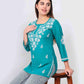 Teal Blue Cotton Kurti for Women Stylish White Floral Embroidered Casual Kurta