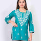 Teal Blue Cotton Kurti for Women Stylish White Floral Embroidered Casual Kurta