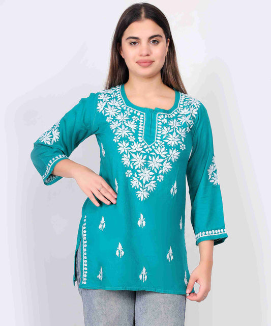 Teal Blue Cotton Kurti for Women Stylish White Floral Embroidered Casual Kurta