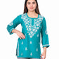 Teal Blue Cotton Kurti for Women Stylish White Floral Embroidered Casual Kurta