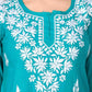 Teal Blue Cotton Kurti for Women Stylish White Floral Embroidered Casual Kurta