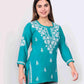 Teal Blue Cotton Kurti for Women Stylish White Floral Embroidered Casual Kurta
