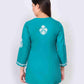 Teal Blue Cotton Kurti for Women Stylish White Floral Embroidered Casual Kurta