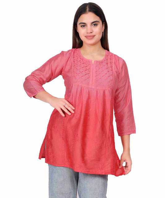 Women’s Chikankari Cotton Kurti in Tomato Red | Elegant Embroidered Tunic for Casual & Office Wear