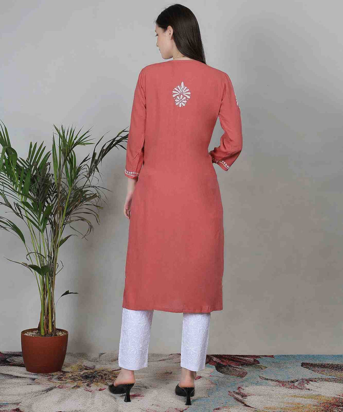 Noor Chikankari Hand Embroidered Cotton Kurti Set - Rust Red Ethnic Wear with White Threadwork & Pants
