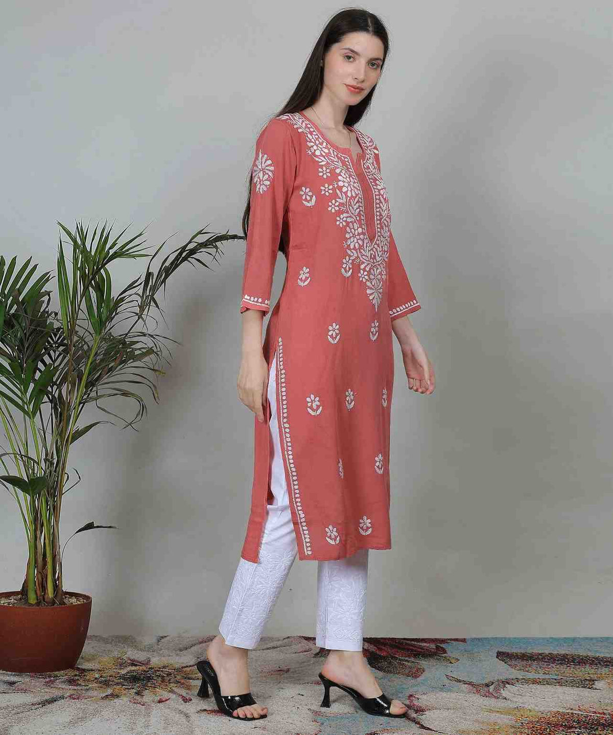 Noor Chikankari Hand Embroidered Cotton Kurti Set - Rust Red Ethnic Wear with White Threadwork & Pants