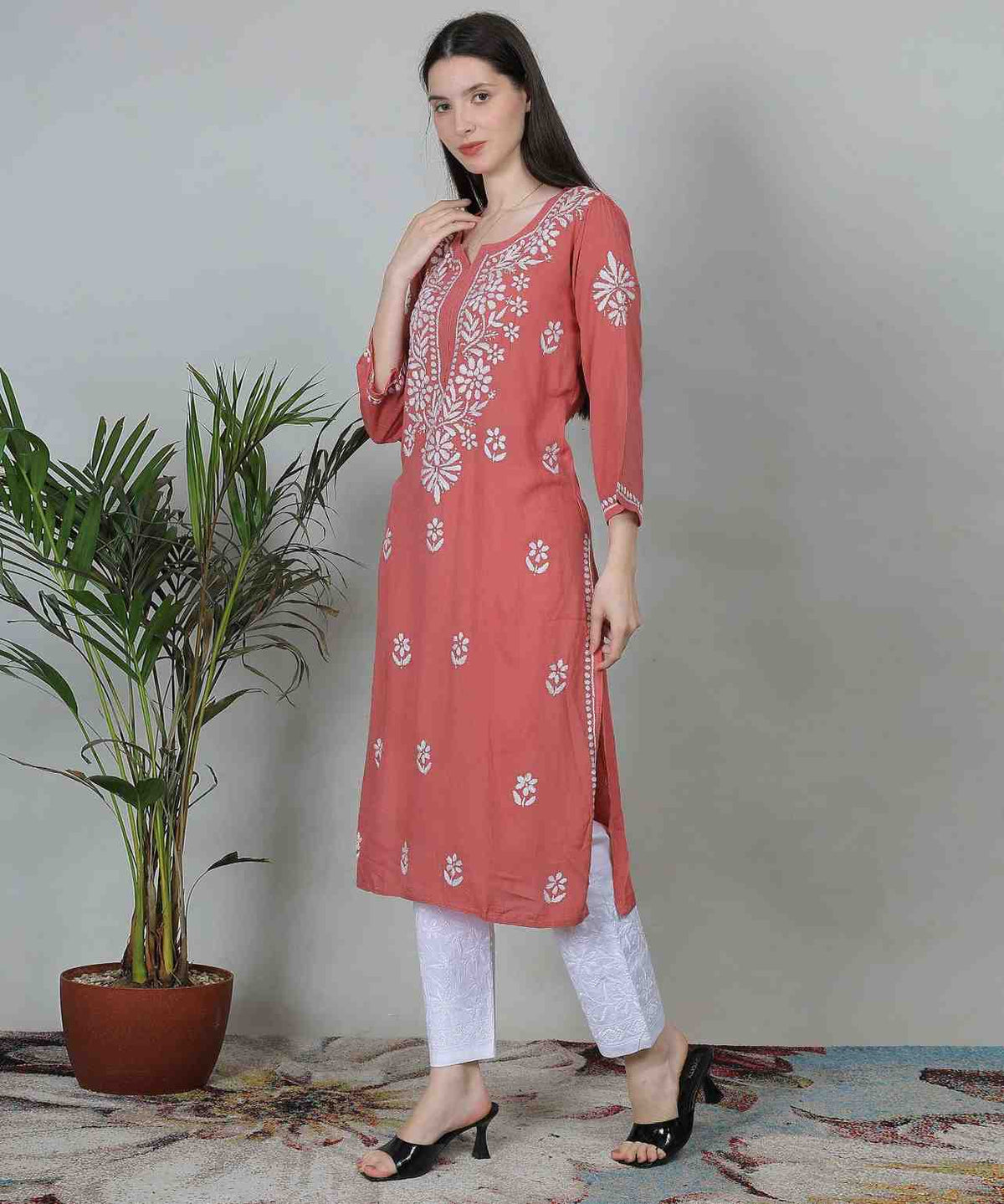 Noor Chikankari Hand Embroidered Cotton Kurti Set - Rust Red Ethnic Wear with White Threadwork & Pants