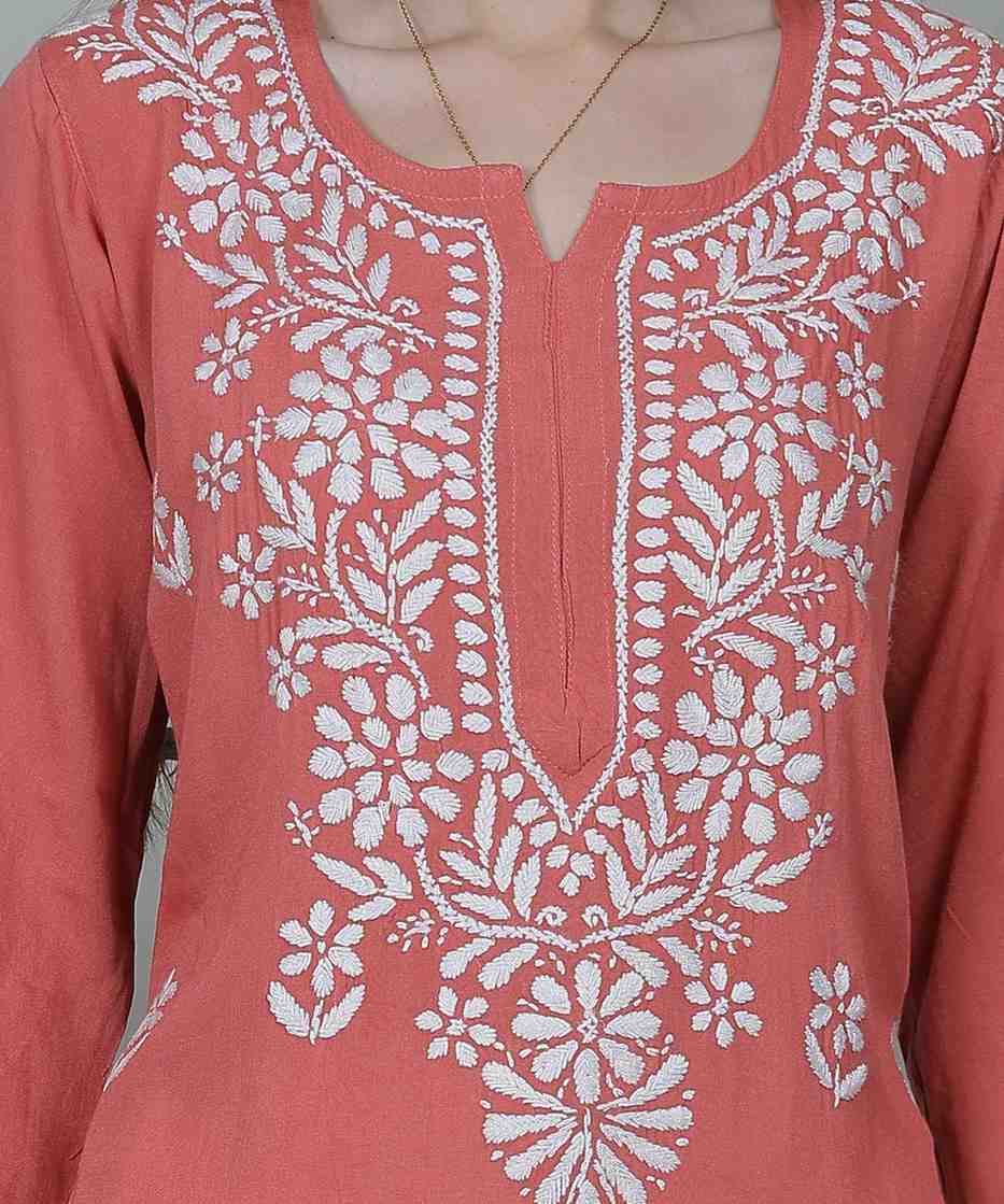 Noor Chikankari Hand Embroidered Cotton Kurti Set - Rust Red Ethnic Wear with White Threadwork & Pants
